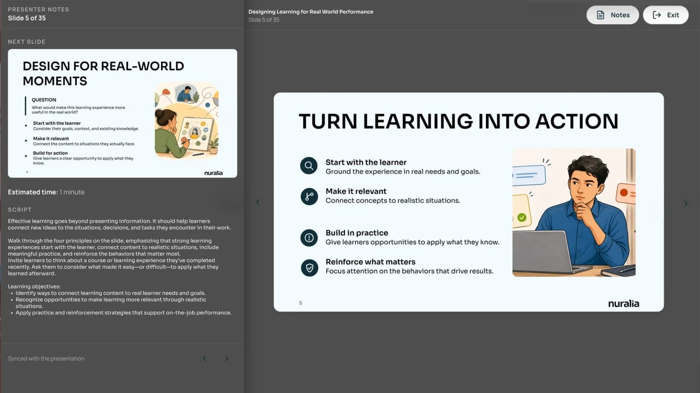 Nuralia's presenter view showing the slide Turn learning into action in full, with the next slide and the speaker script in the notes panel beside it.