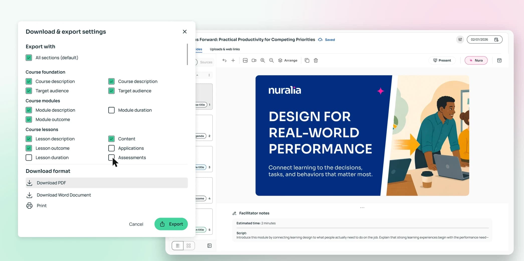 Nuralia's Download and export settings dialog, with section options checked and a few unchecked as a cursor clicks Assessments, layered over the training slides canvas showing a Design for real-world performance title slide.