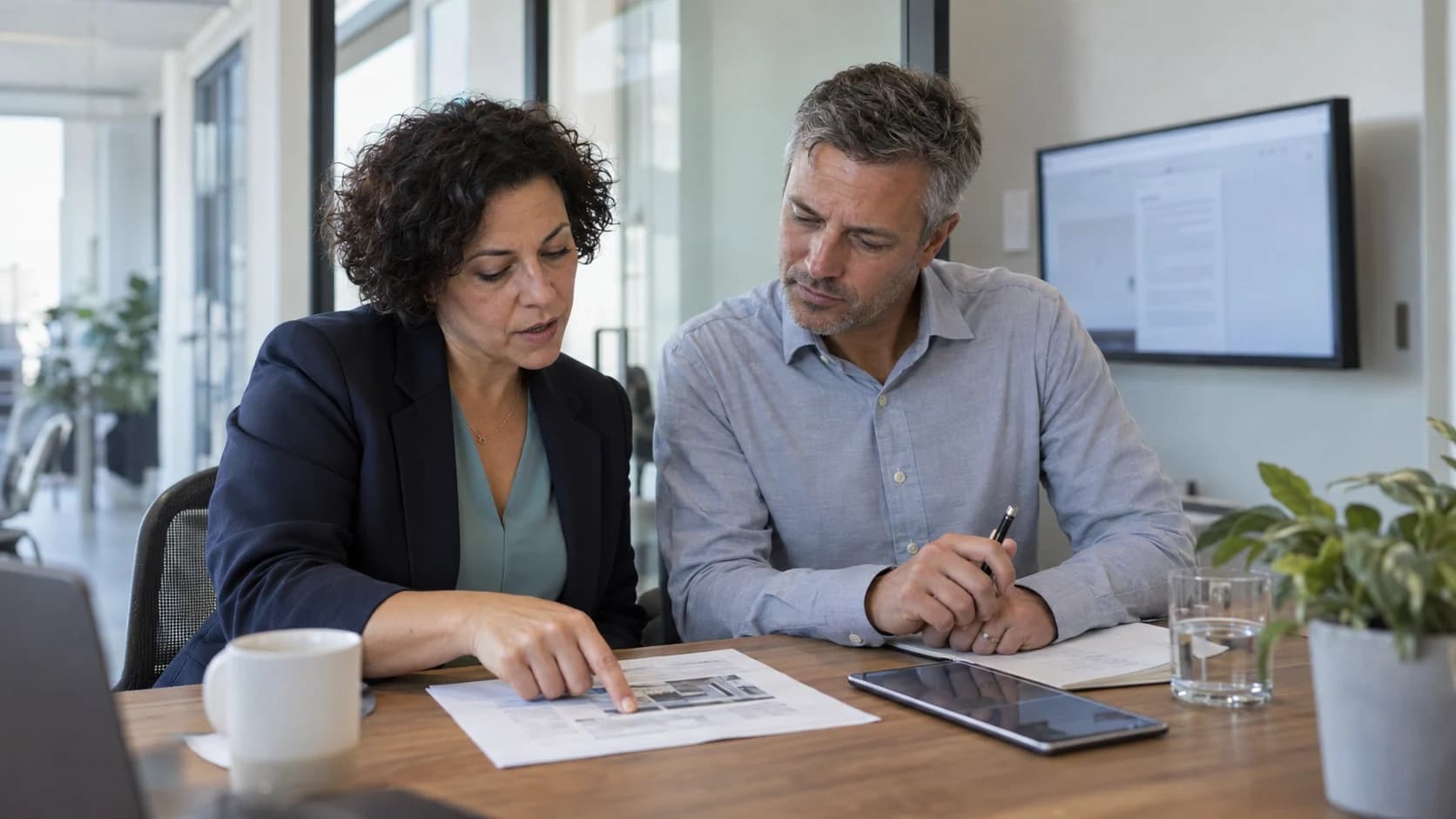 Two colleagues review a printed planning document together at an office meeting table, with a tablet nearby and a wall monitor behind them.